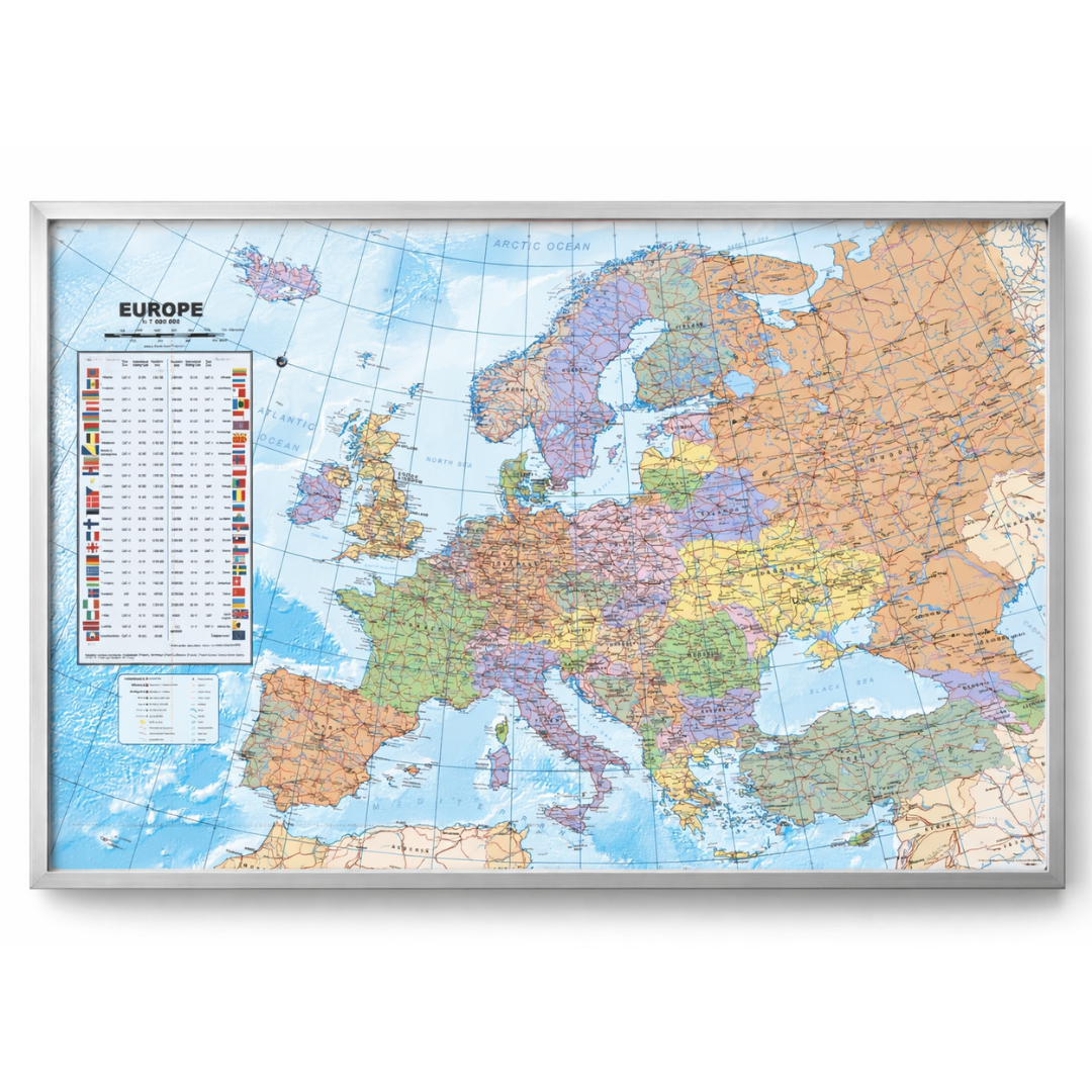 Kurk24 Kurk prikbord Europa kaart - zilveren lijst - 60 x 90 cm