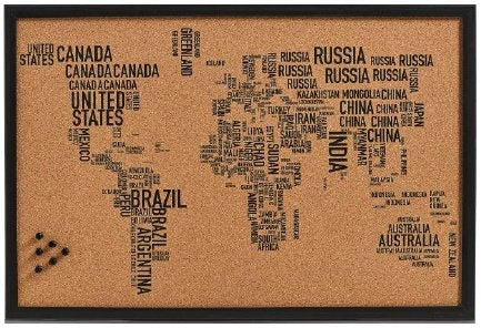 Kurk24 Kurk prikbord - wereldkaart - zwarte zeefdruk - 60 x 40 cm - LETTERKAART