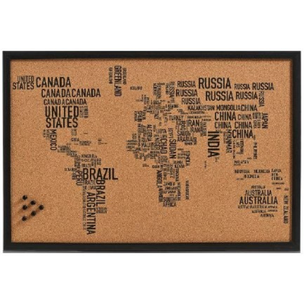 Pinnbare WELTKARTE - Ländernamen LETTERS  - 60 x 40 cm - mit Siebdruck in Schwarz